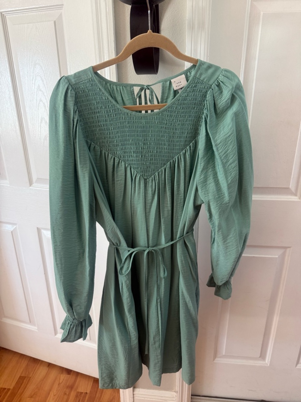 a new day Mint Sage Long Sleeve Smocked Yoke Dress